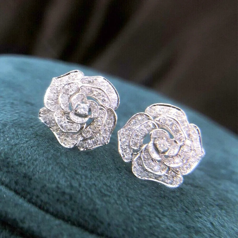 New Beautiful 925 Silver Sim. Diamond Rose Studs